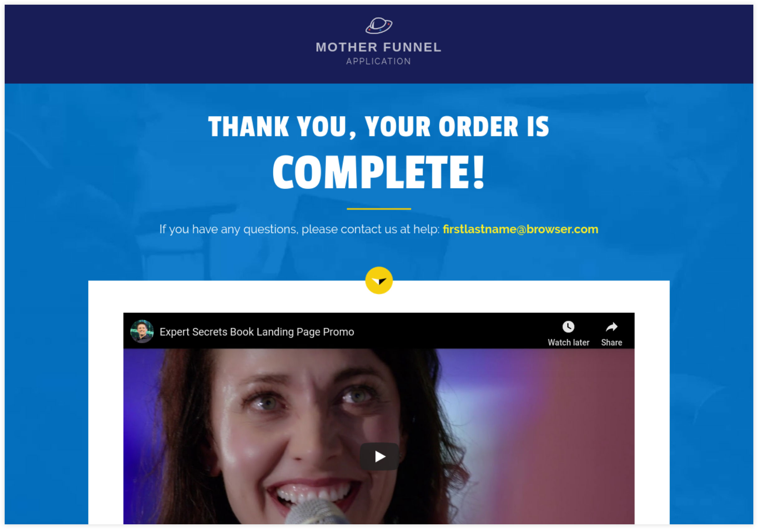 Application funnel thank you page example