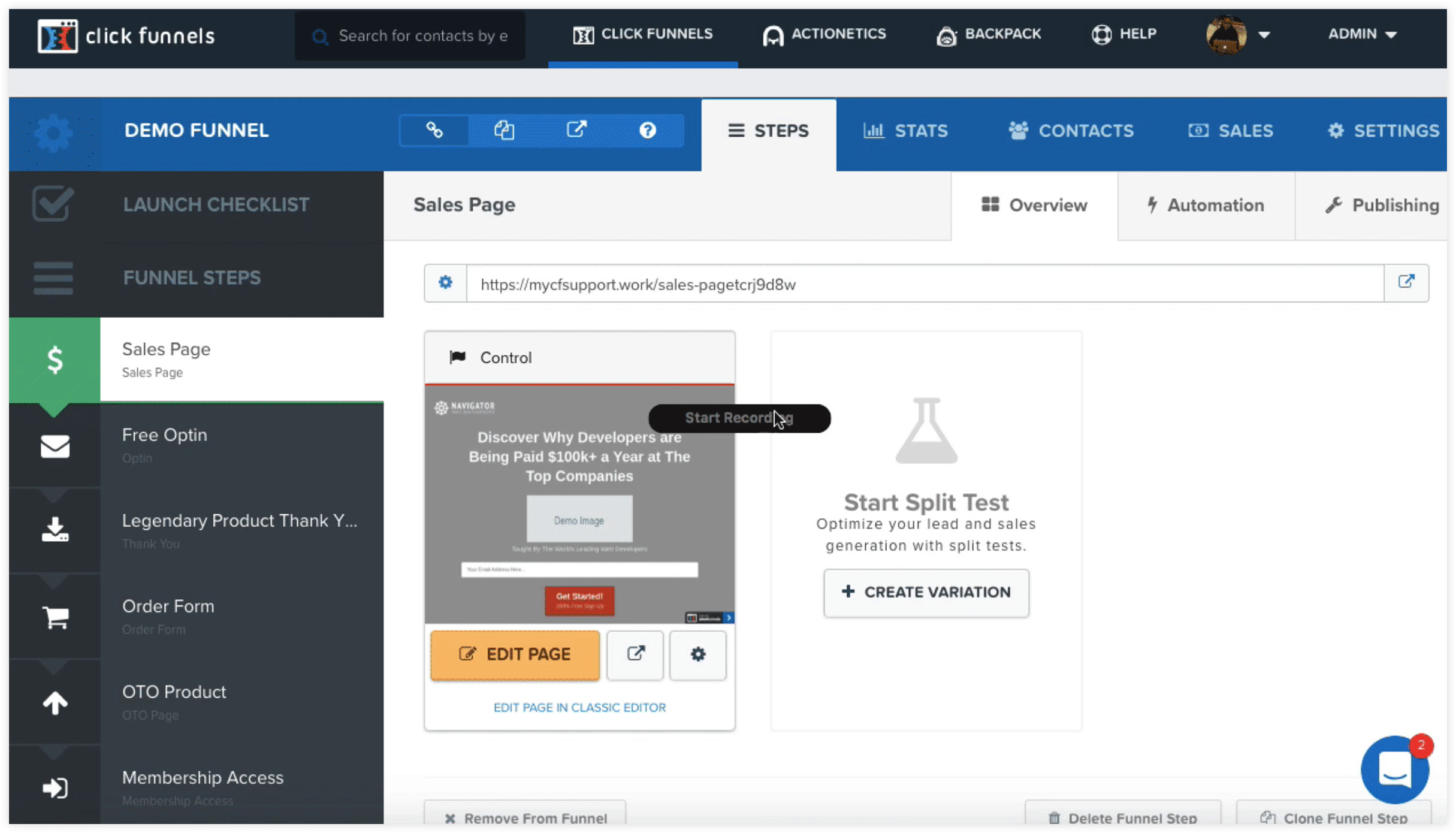 ClickFunnels Sales Funnel Builder User Interface