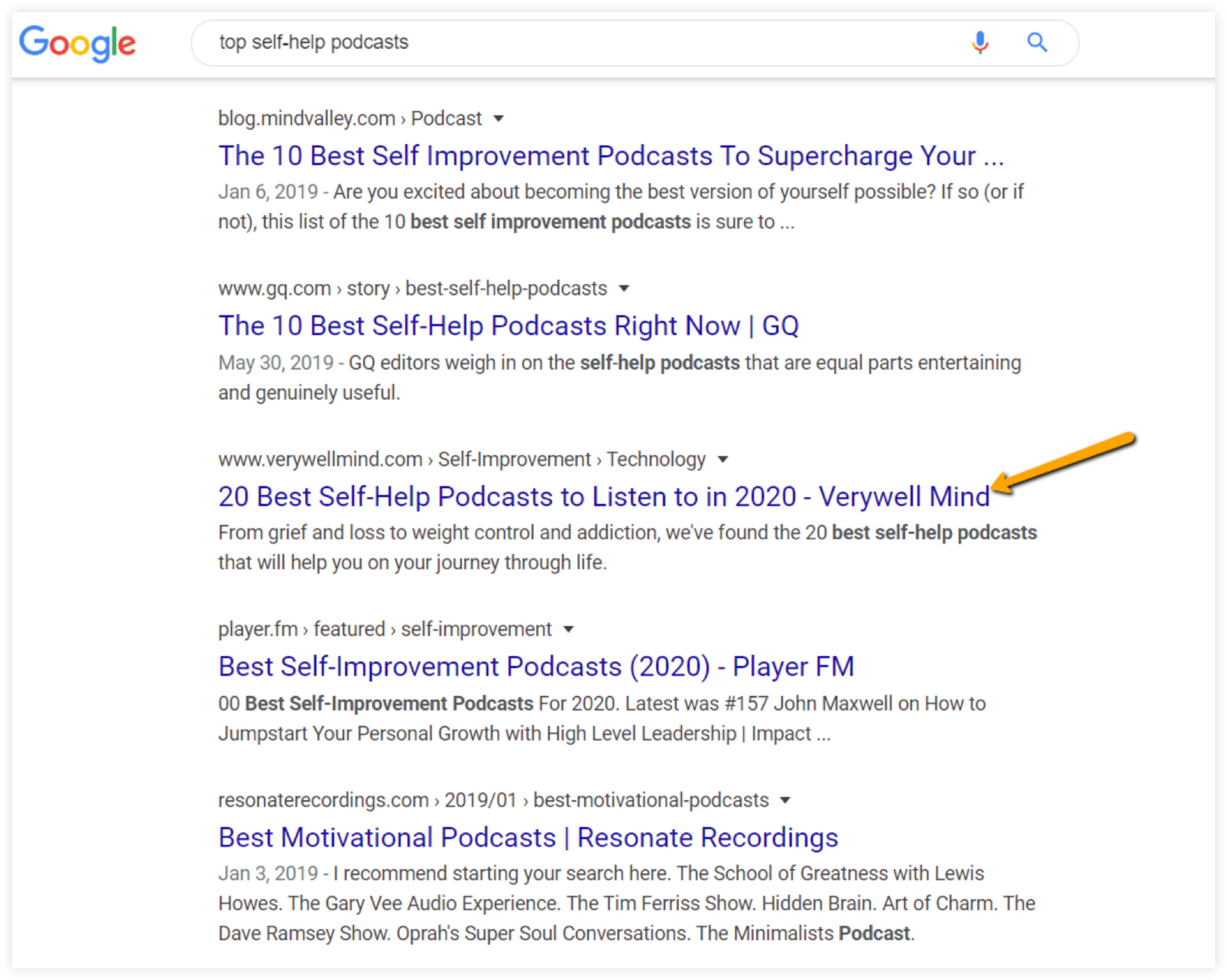 Google Search Results for Top Self-Help Podcasts