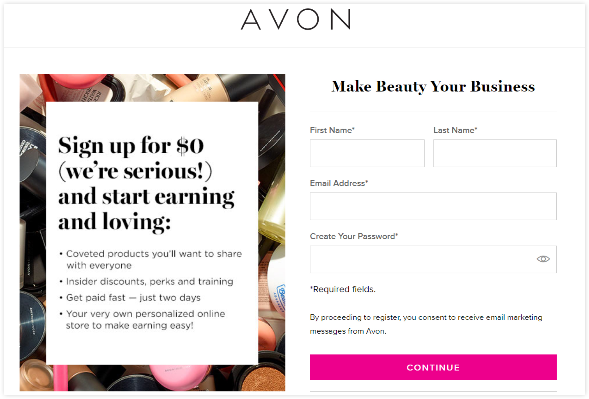 Avon Network Marketing Opt-in form