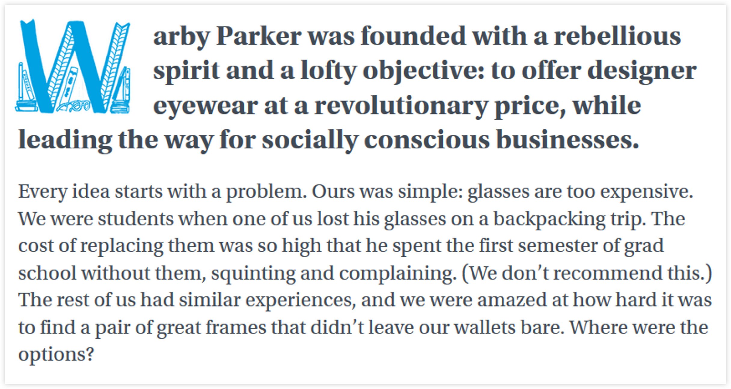 Example of story-telling copy from Warby Parker's Website