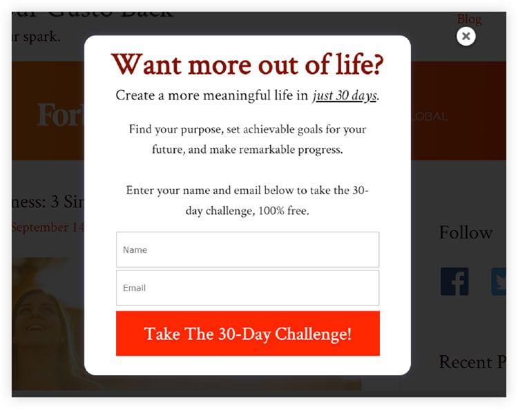 Example of a popup opt in form