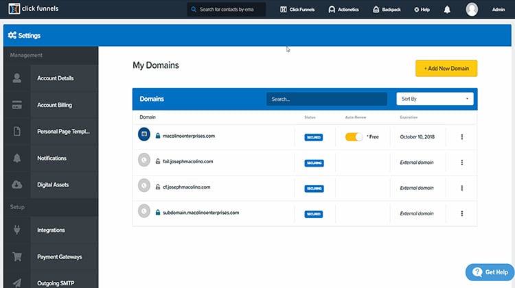 Clickfunnels dashboard showing were to add domains