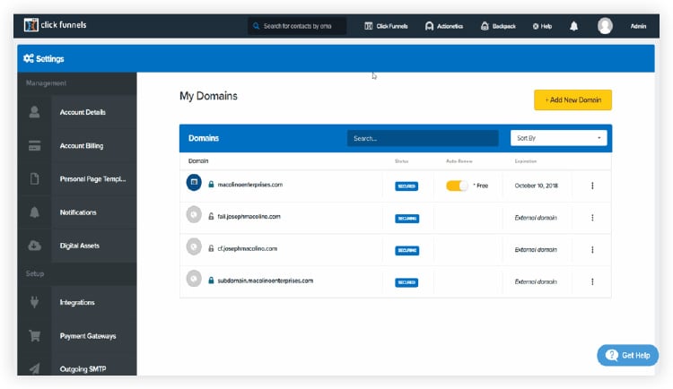 Clickfunnels dashboard for adding new domains to the system.