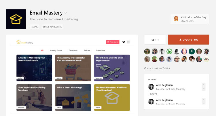 email mastery added on product hunt