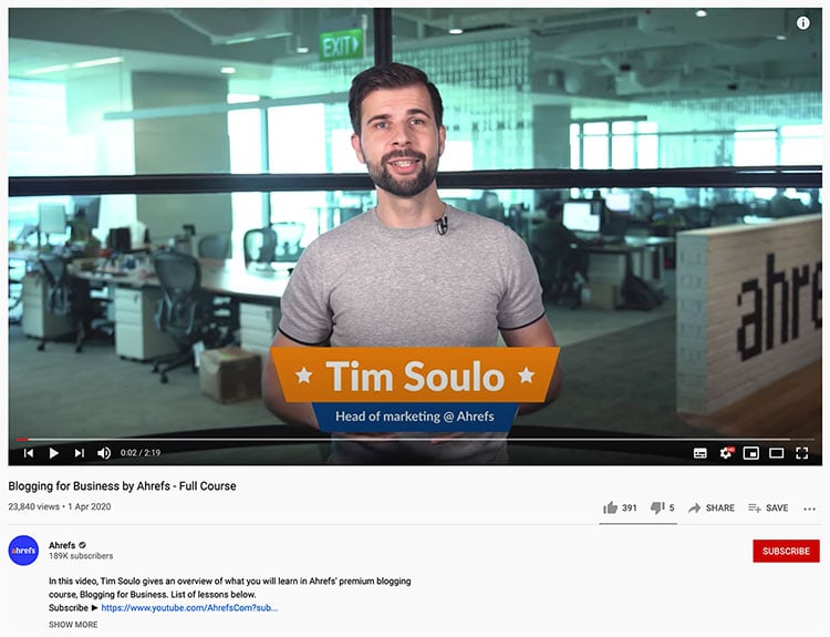 ahref's youtube course on blogging for business