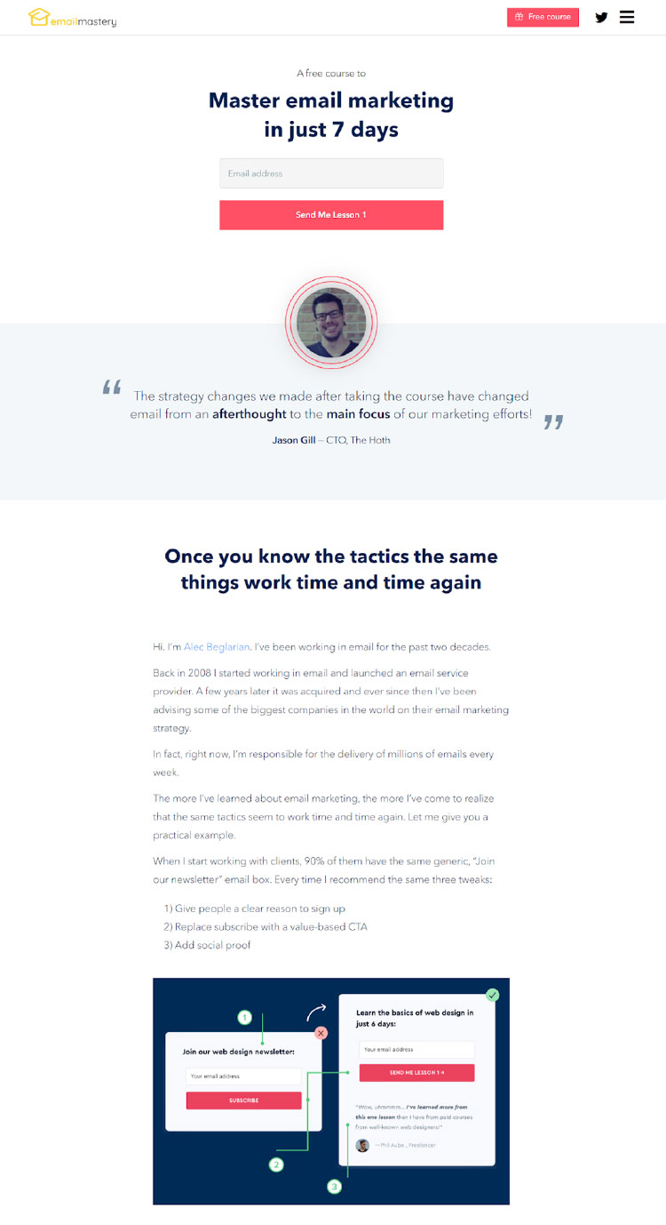 email marketing mastery course email capturing page
