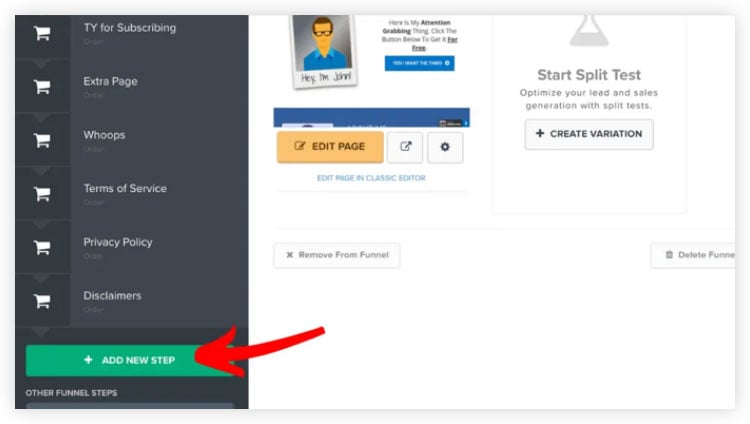adding new step from clickfunnels dashboard