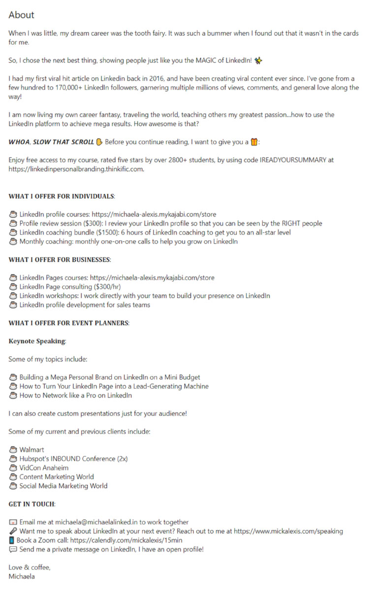 about page of michaela alexis's linkedin profile