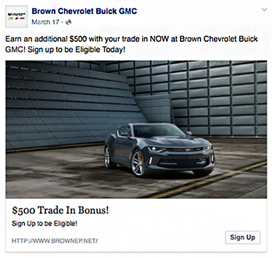 car dealer facebook post advertising example
