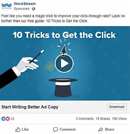 Wordstream lead generation downloadable guide to start writing better ad copy, Facebook ad.