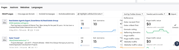 Afrefs Content Explorer dashboard, Twitter Shares example.