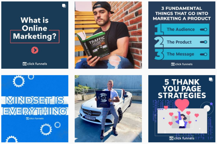 ClickFunnels Instagram page mixed inspirational, educational and promotional content.