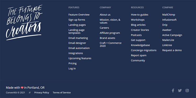 Convertkit homepage footer with links to various relevant web pages.