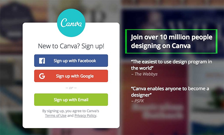 Social proof popup option to sign into canva.com with your socail media account.