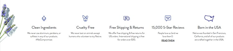 Ecommerce website homepage links to products, display of main selling points.
