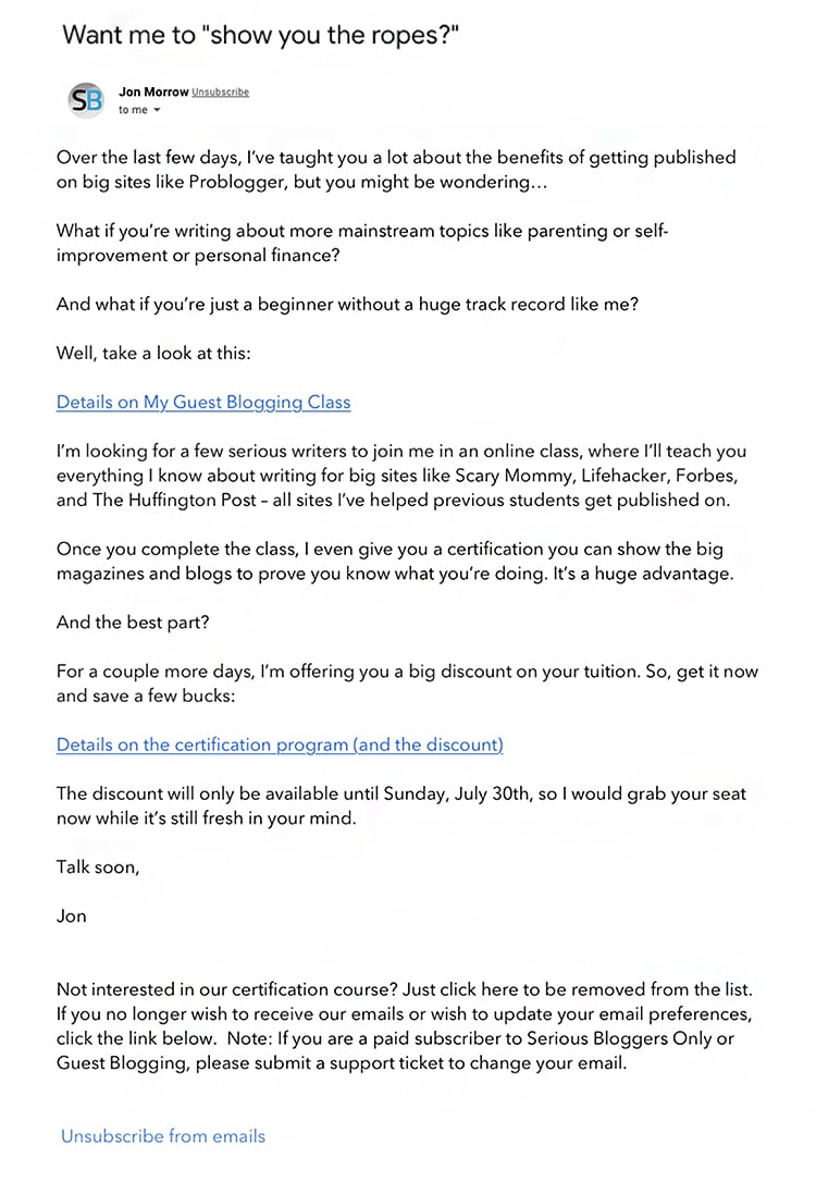12 Best Practices For Lead Generation (With Examples) 15 Make money blogging follow-up funnel final email example.