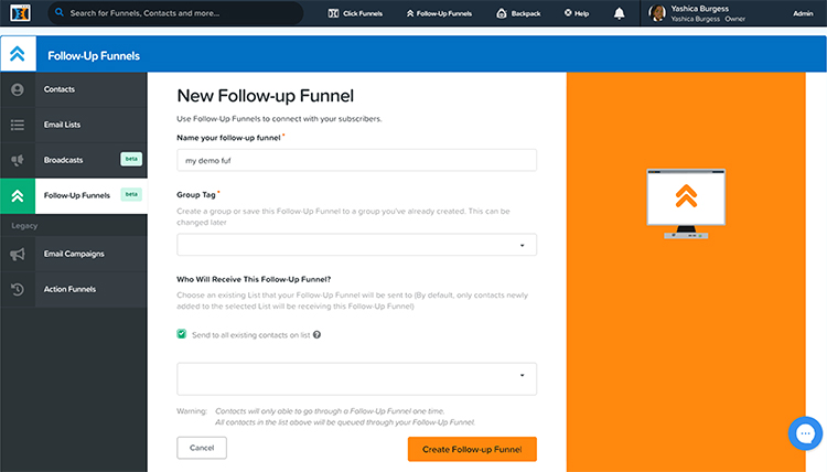 ClickFunnles follow-up funnel menu.
