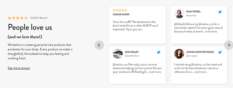 Ecommerce website homepage links to social proof.