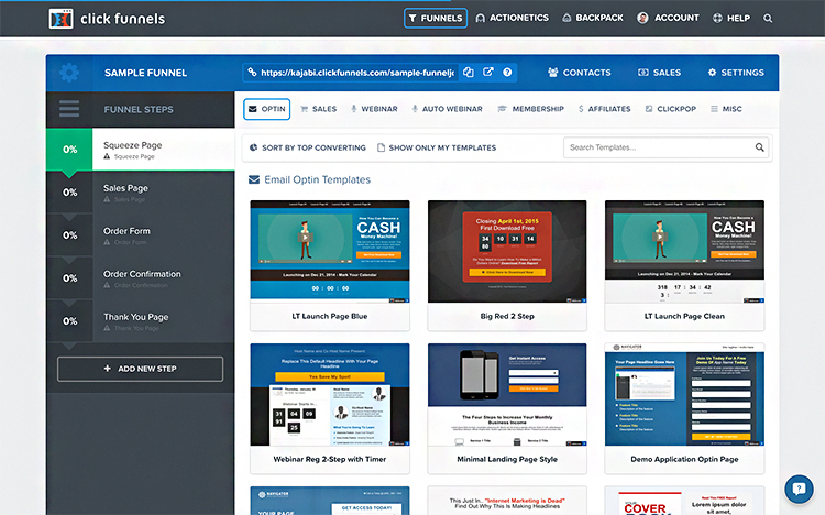 ClickFunnels marketing campaign planning sample funnel, squeeze page optin selection menu.