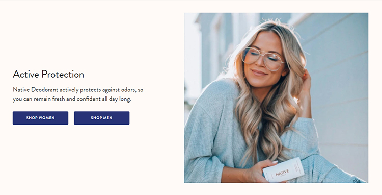 Ecommerce website homepage, call to action with an emphasis on protection against body odor.