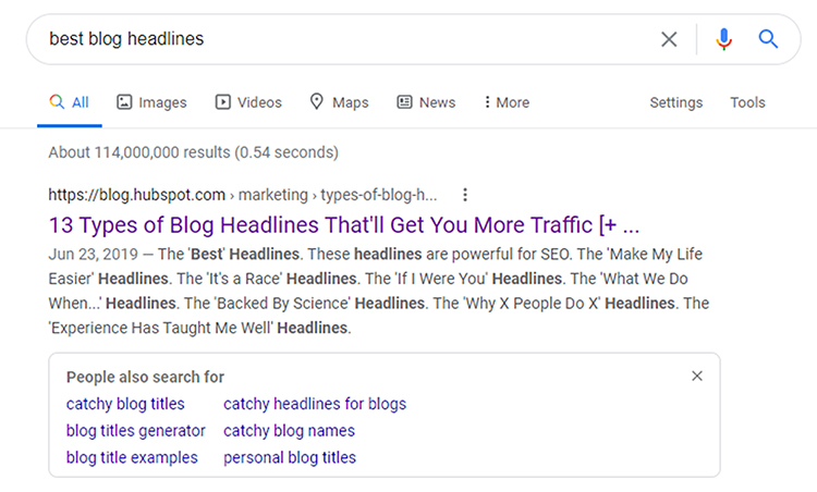 Hubspot organic search engine optimization lead generation, search engine result page example.