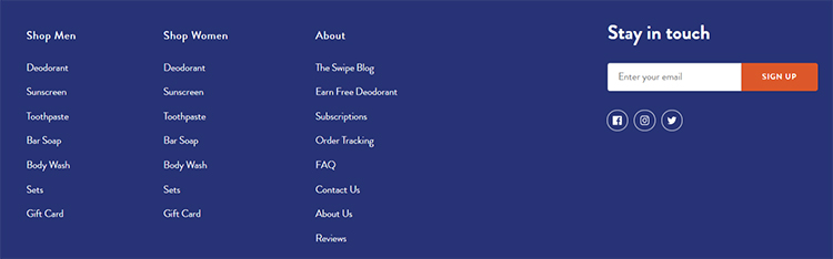 Ecommerce website homepage footer with relevant links, , an opt-in form with a call to action, and social media buttons.
