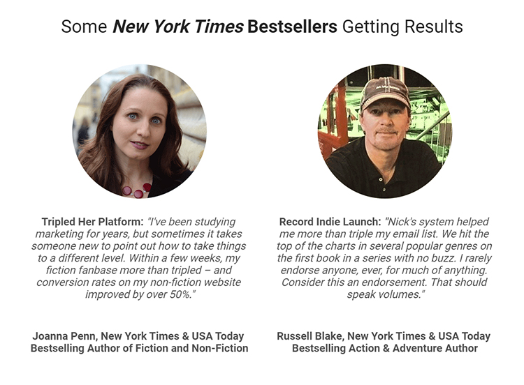 Social proof in the form of testimonials from two bestselling authors with headshot photos.