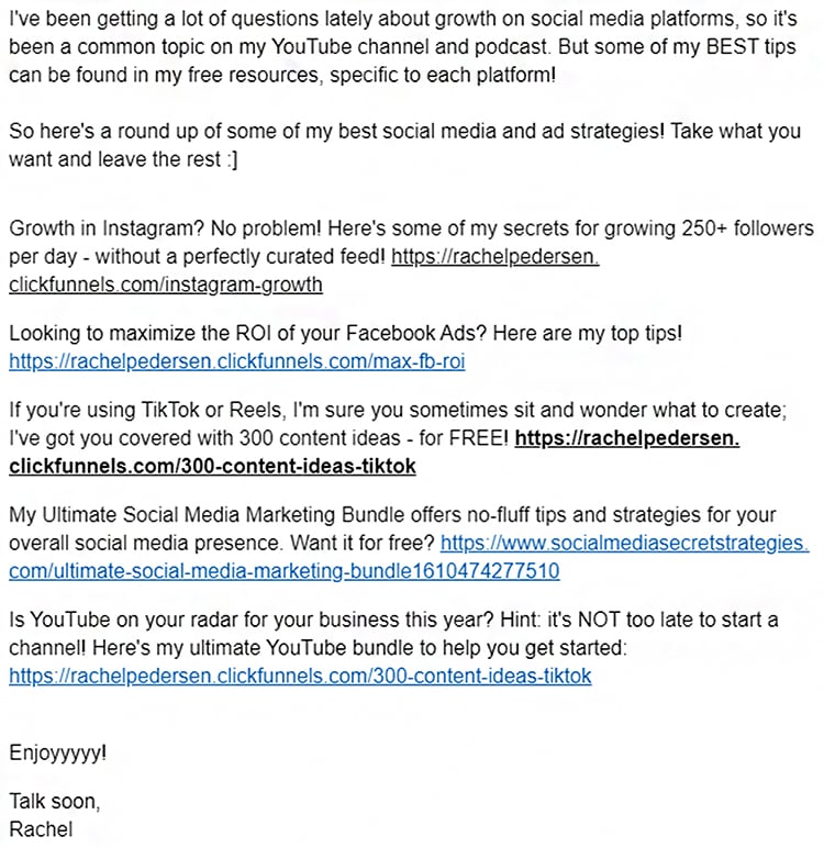 12 Best Practices For Lead Generation (With Examples) 29 Rachel Pedersen, queen of social media marketing, recent email example.