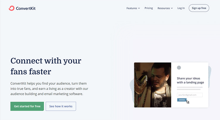 Convertkit website homepage screenshot.