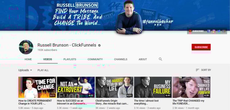 ClickFunnels Youtube homepage.