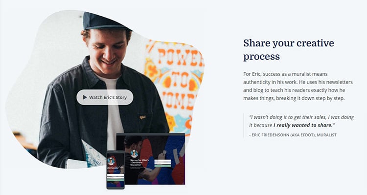 Convertkit homepage testimonial from a muralist.