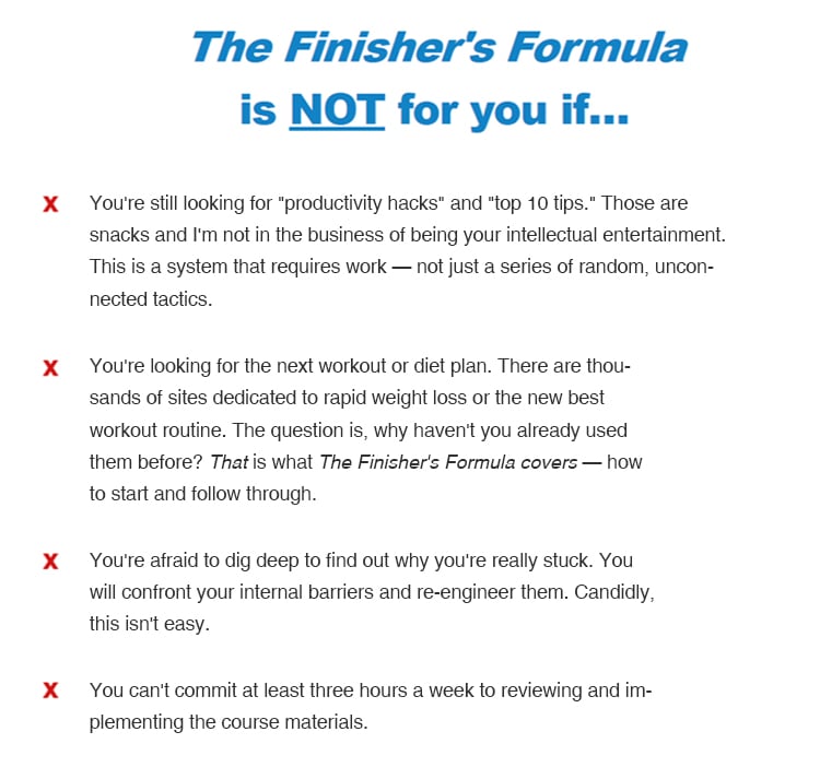 Sales page listing reasons a the product would not be for the customer.