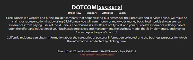 ClickFunnels, DotCom Secrets, webpage footer with links to resources.