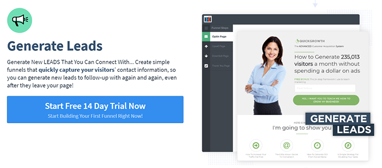 ClickFunnels website homepage explaining details about generating leads.
