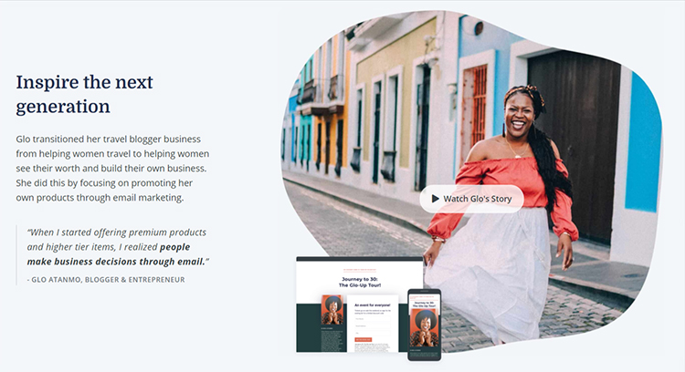 Convertkit homepage testimonial from travel blogger and business owner.
