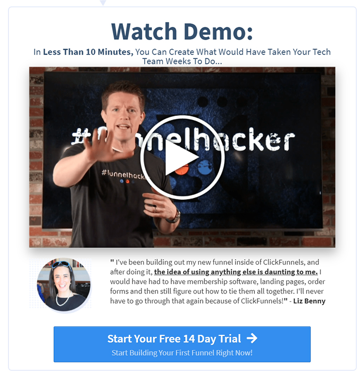 ClickFunnels website homepage 10-minute demo video with call to action.