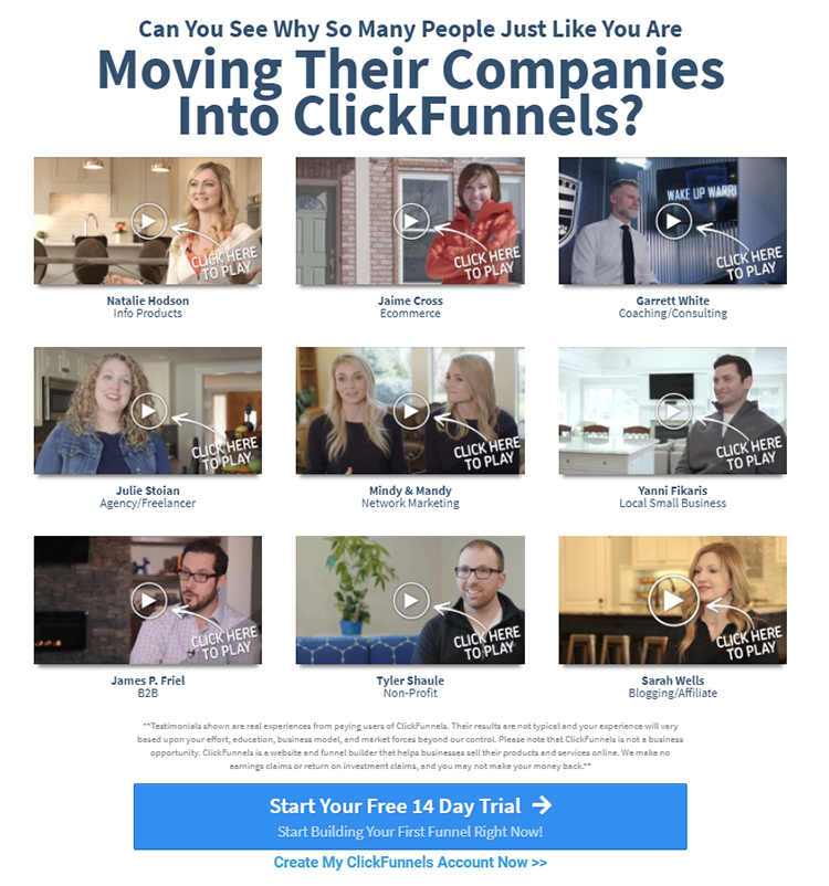 ClickFunnels website homepage video testimonials with a call to action.