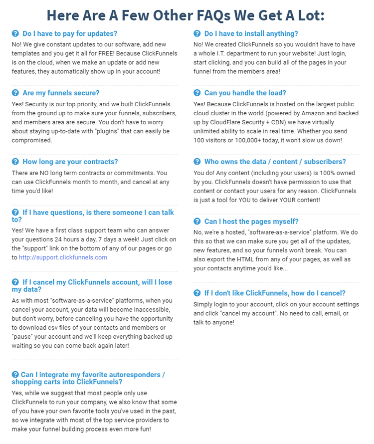 ClickFunnels website homepage frequently asked questions list.