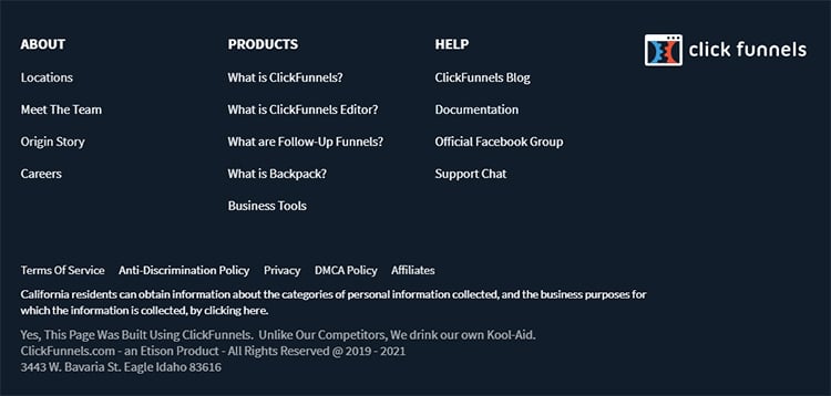 ClickFunnels website homepage footer with various relevant links.