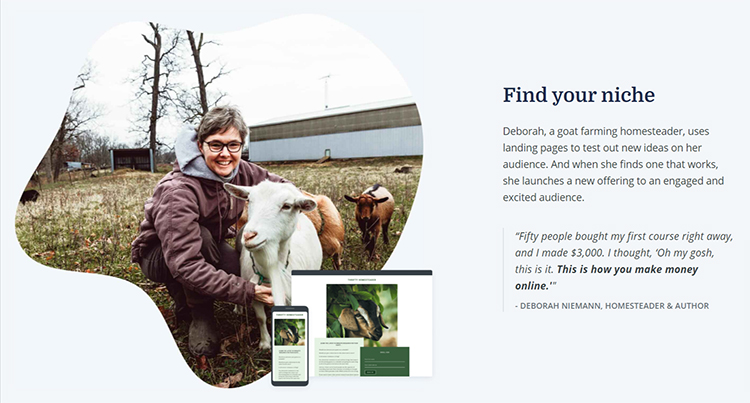 Convertkit homepage testimonial from a homesteader, bookwriter and online course seller.