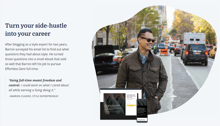 Convertkit homepage testimonial from a style blogger and book writer.