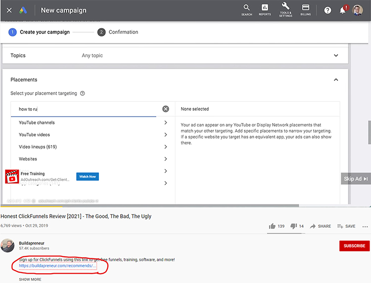Youtube affiliate marketing ClickFunnels review video, identifiable affiliate link.