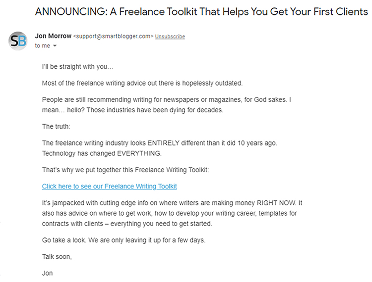 Freelancer toolkit follow-up daily email example.