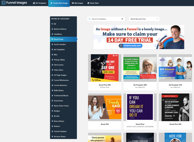 ClickFunnels, Funnel Images category and template selection dashboard.