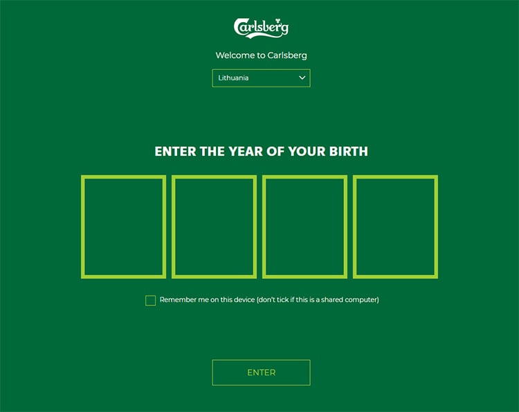 Carlsberg website age verification splash page example. 