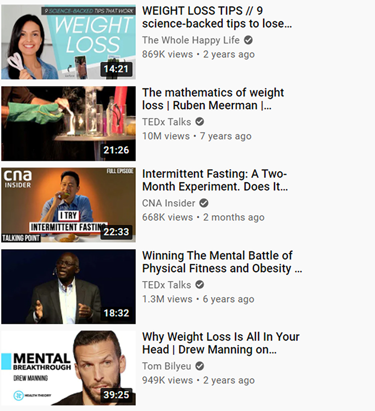 Youtube search engine result, related video suggestions.