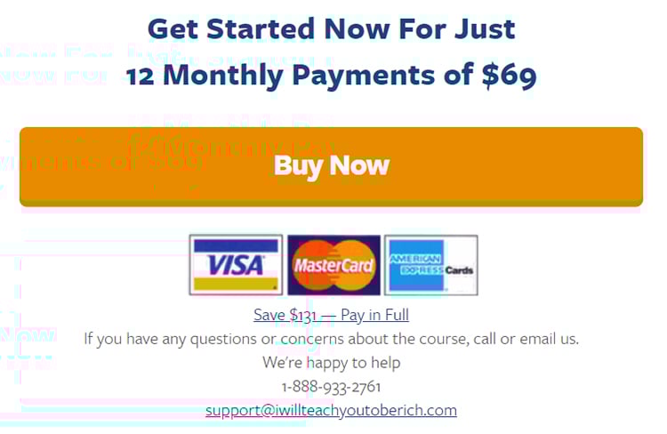 Long form sales page buy now call to action button with monthly payment options.