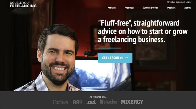 Double Your Freelancing opt-in page being used as a website homepage example.