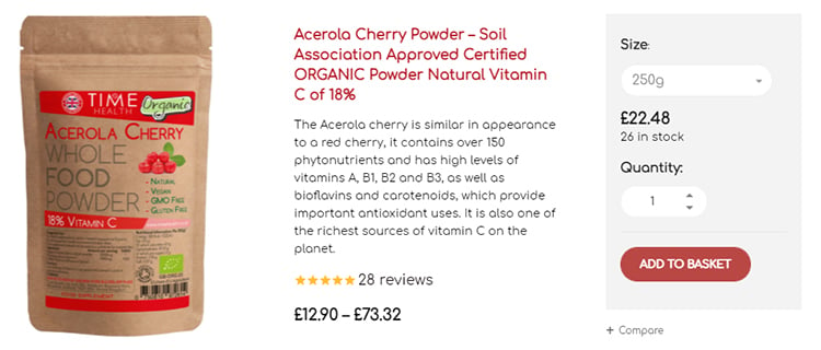 Acerola Cherry Powder increase quantity order upsell page with dialog menu. 